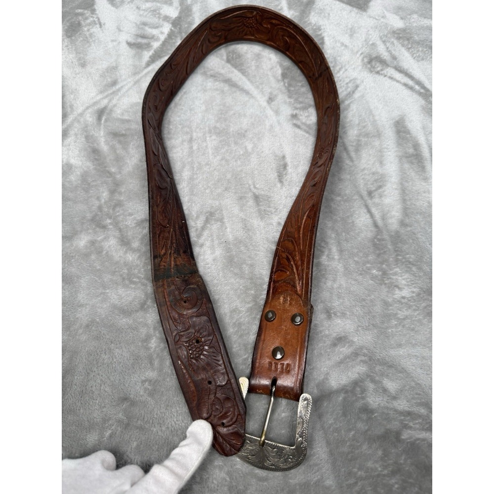 Viking Tooled Leather Belt & Buckle Mens 38 Western Cowboy Retro Vintage 70s 80s